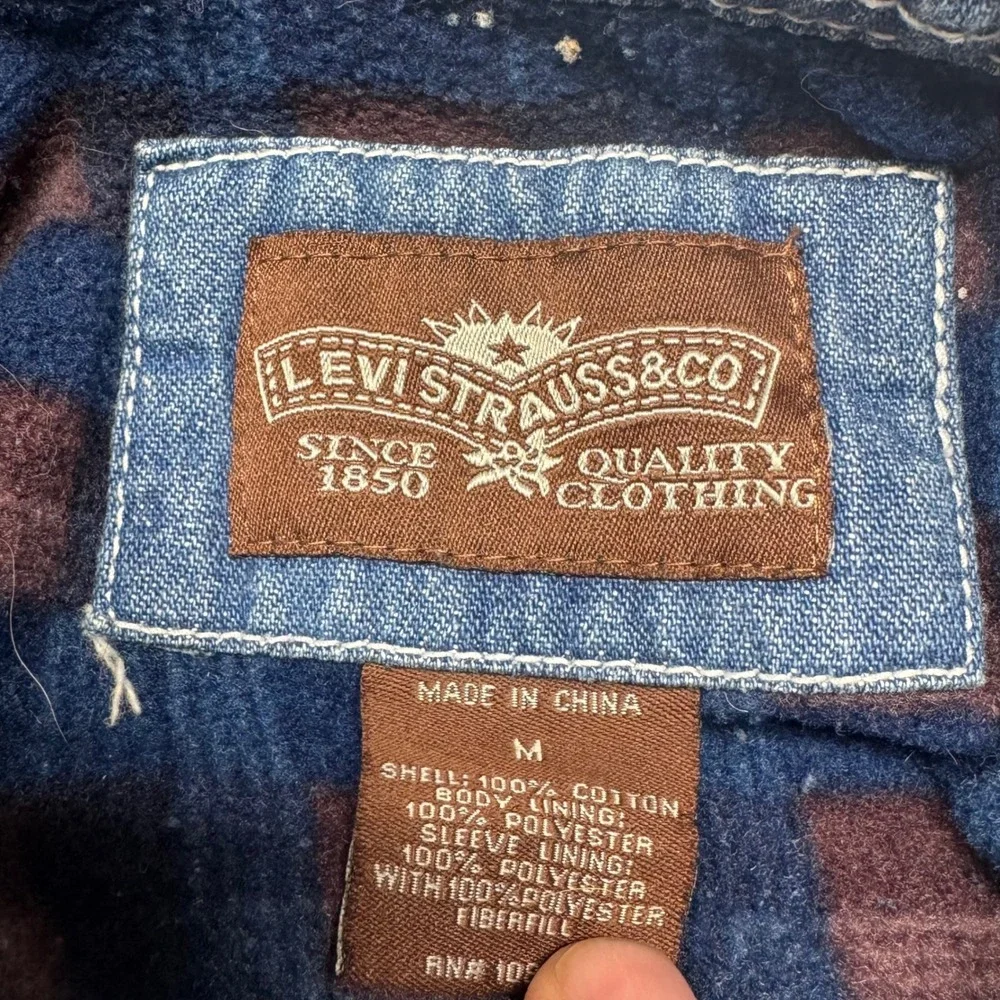 Levi Strauss Mens Denim Shirt Jacket Fleece Lined Blue Plaid Medium RN107622 - Picture 2 of 9